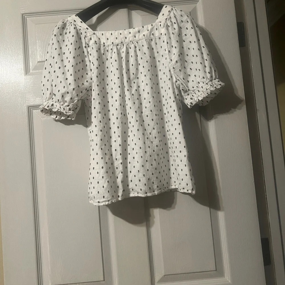 Square Neck Puff Sleeve White Top with Black Dot Print